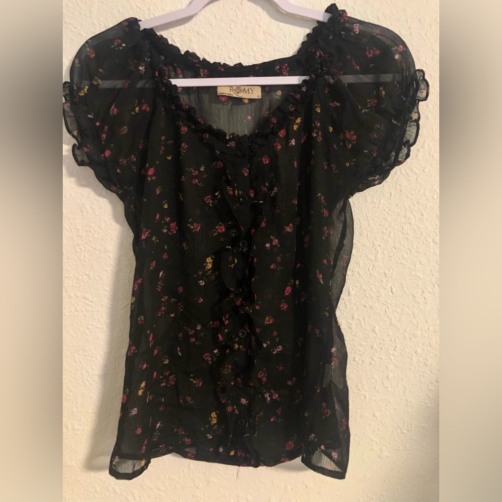 Romy Black Sheer Floral Ruffle Blouse